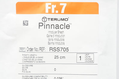 Terumo RSS705 Pinnacle Peripheral Introducer Sheath 7F x 25cm x 0.038 inch